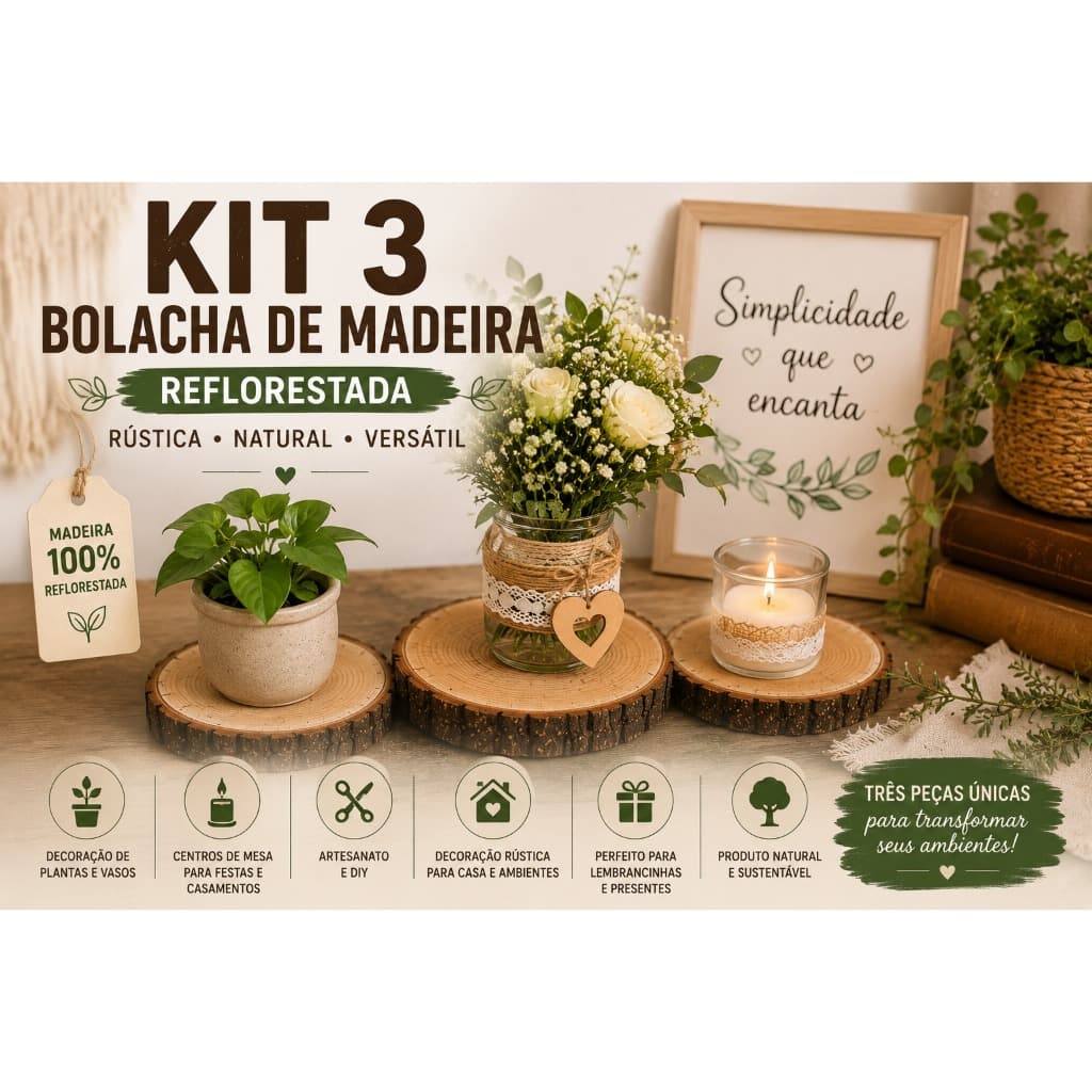 Kit 3 Bolachas de Madeira Reflorestada Rústica Natural Decoração DIY