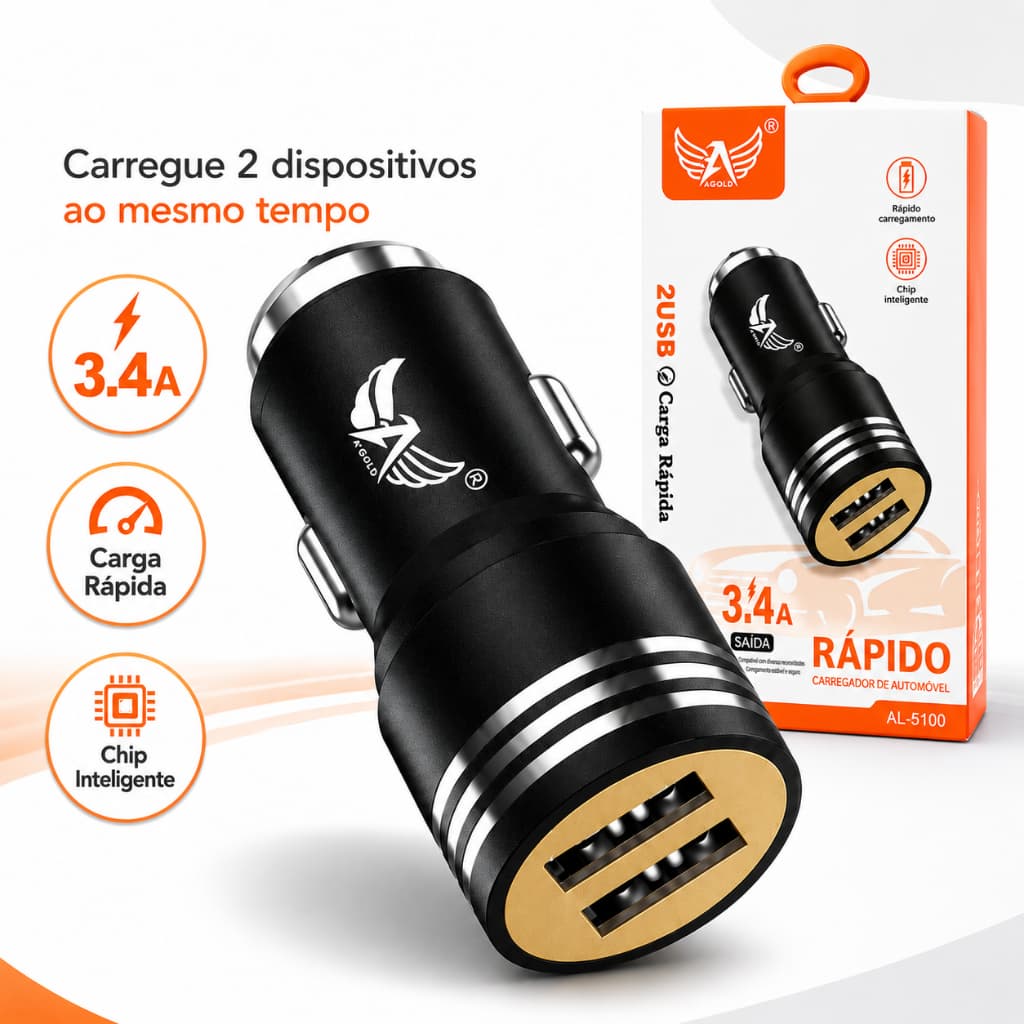 Carregador Veicular 2 Portas USB 3.4A Carga Rápida para Celular Carro Caminhão