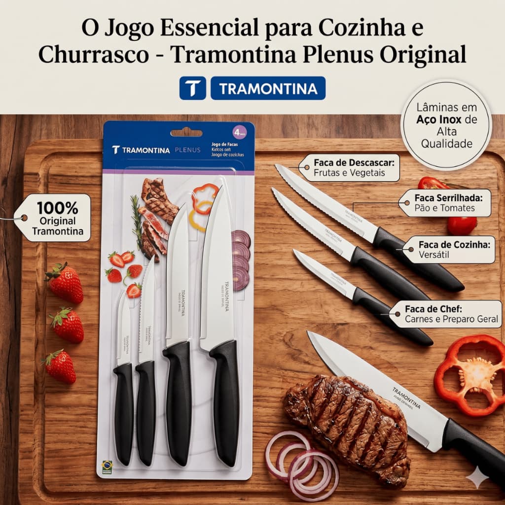 Jogo De Facas 4 Peças Tramontina Plenus Original Kit Cozinha Churrasco Aço Inox