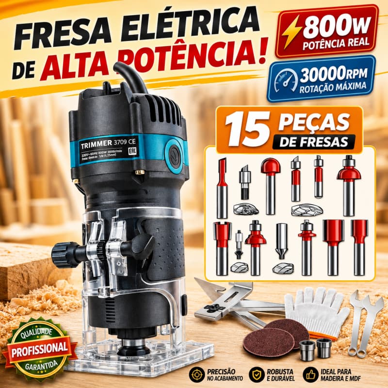 Kit Tupia Manual Laminadora 800W 30000 RPM 6mm 1/4 Com Jogo de Fresas 15 Peças Para Marcenaria