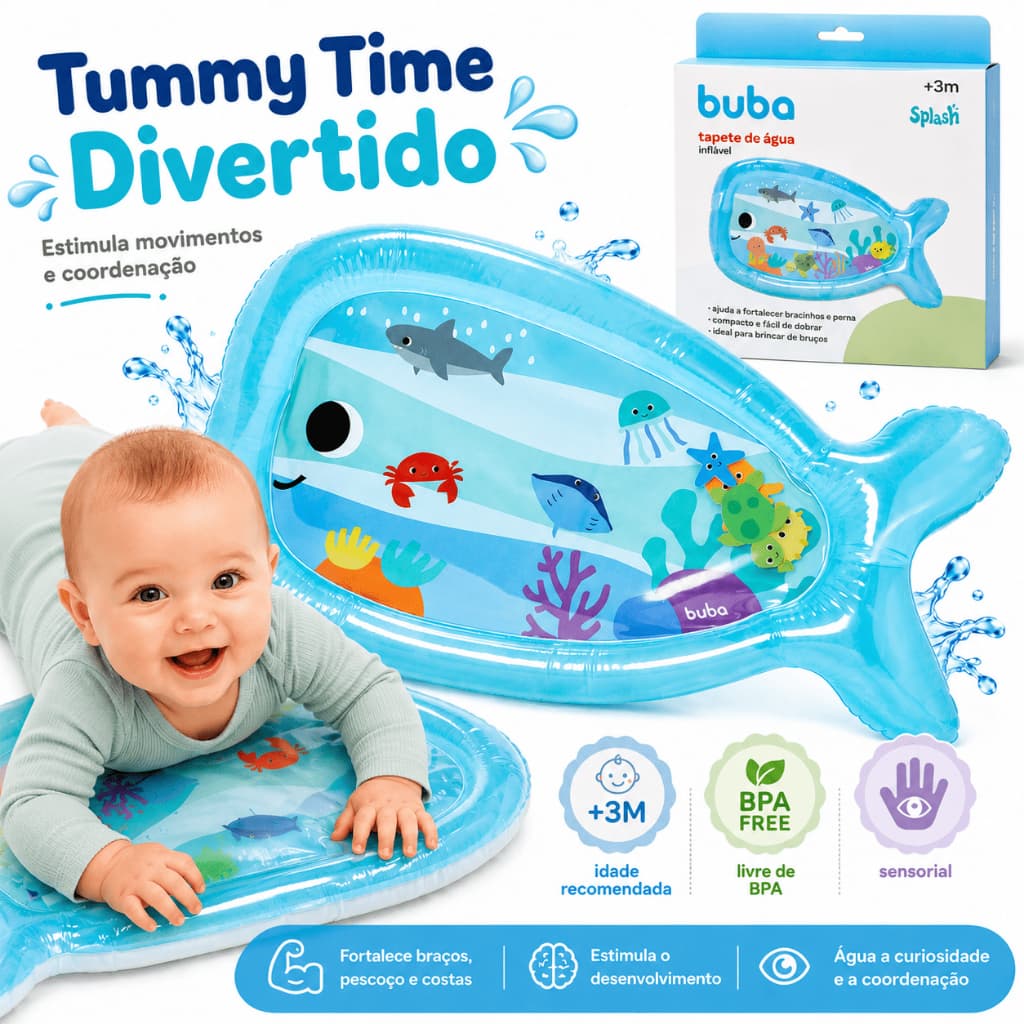 Tapete de Atividades água inflável splash Baleia sensorial Tummy Time Buba