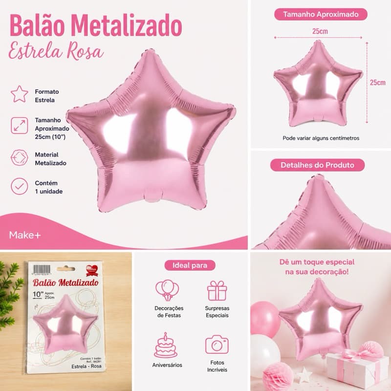 Balão Metalizado Estrela Rosa CLaro 50cm