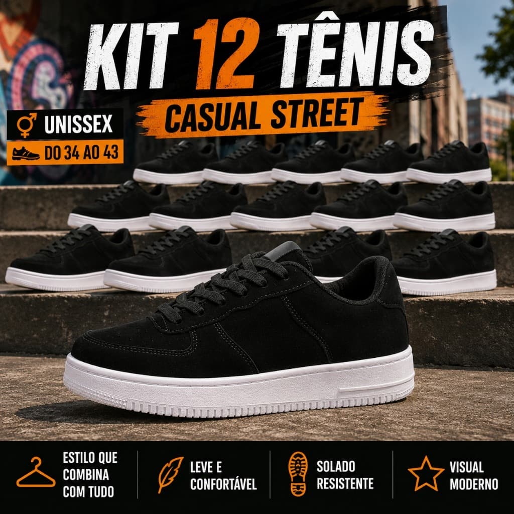 Oferta 12 Pares Tênis Masculino Streetwear Casual Feminino Camurça Promoção Do 34 ao 43
