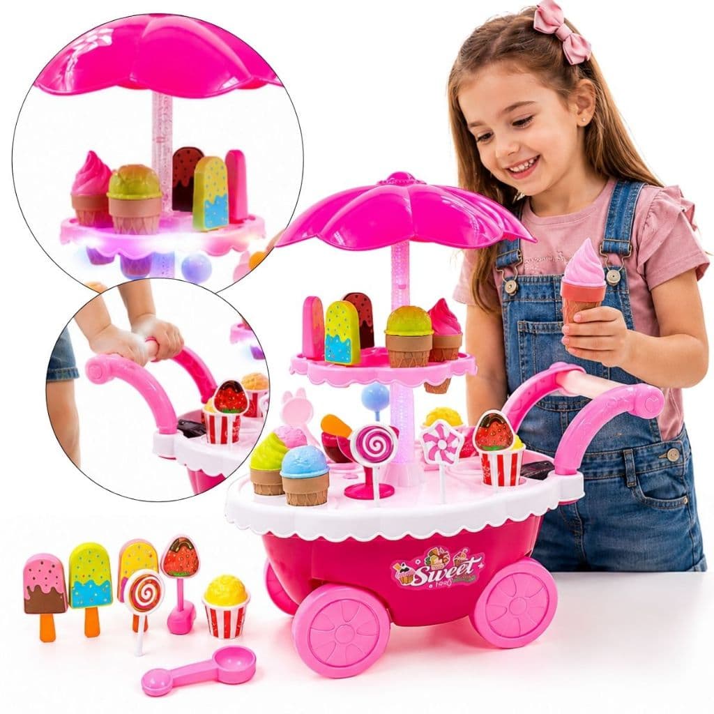 Carrinho de Sorvete Infantil Brinquedo Musical Luz Som Sorvete Picole Doces Sorveteria