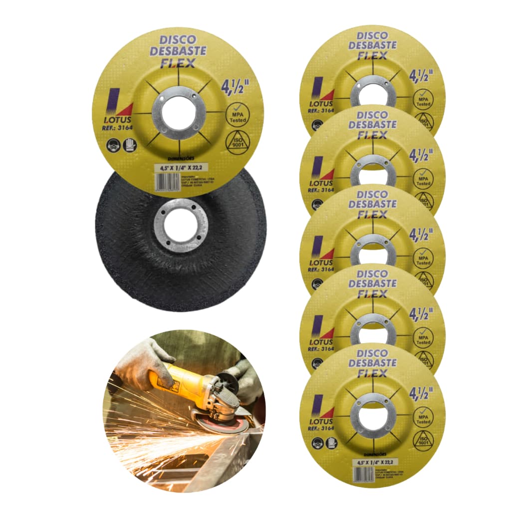 Kit 5 Unidades Disco Desbaste Esmerilhadeira Lotus 4.1/2 115mm Metal/Ferro/Solda  - Alta durabilidade e Corte Uniforme