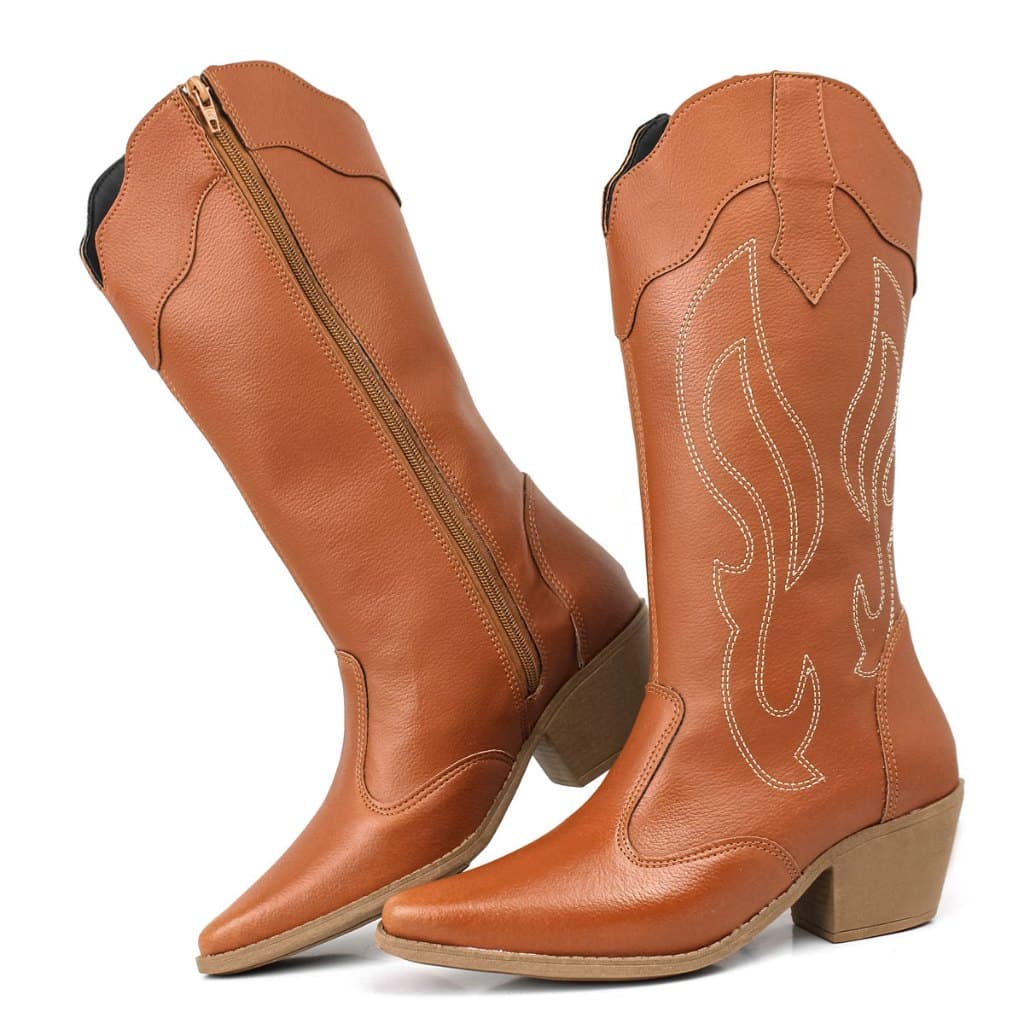 Bota Feminina Estilo Country Texana Cano Médio Com Zíper Confortável