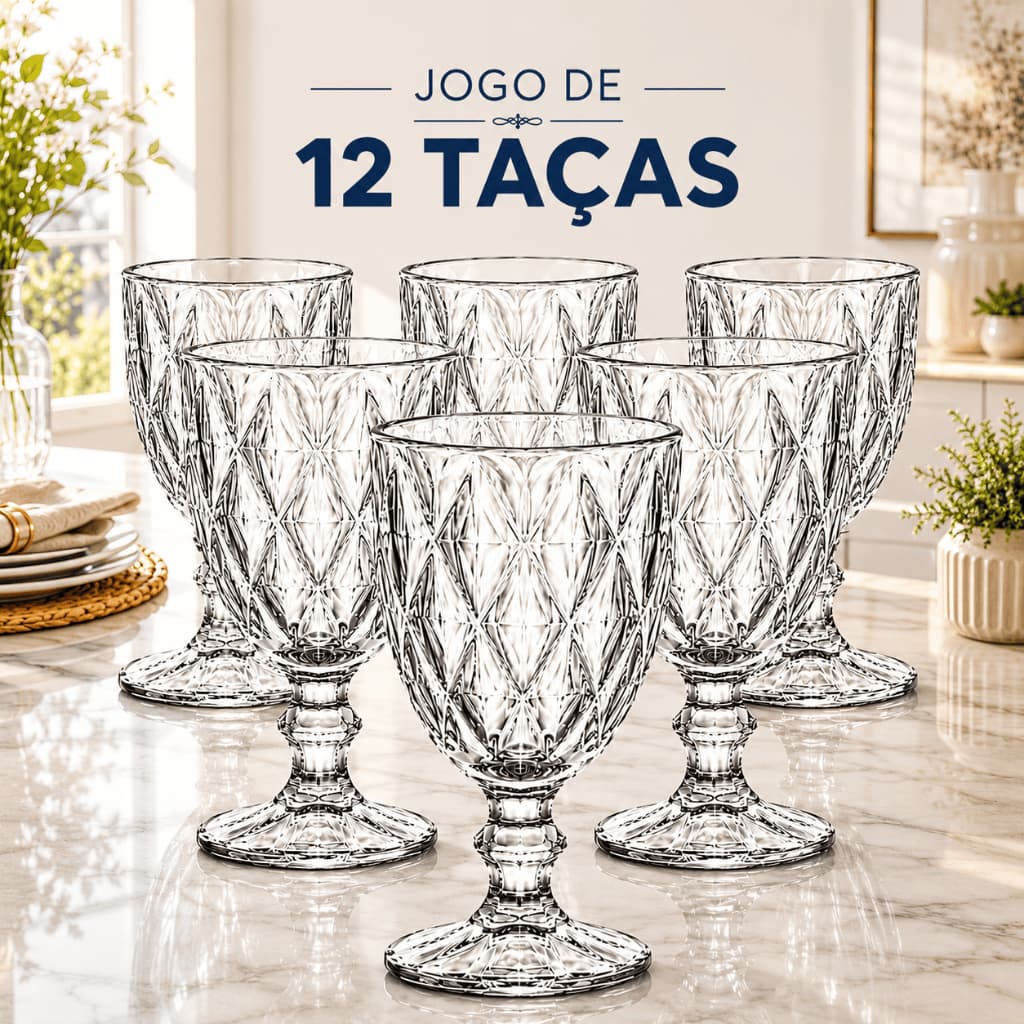 Taças Diamante 340ml Kit com 6 Unidades Vidro Premium para Água Suco Drinks e Vinho Promoção