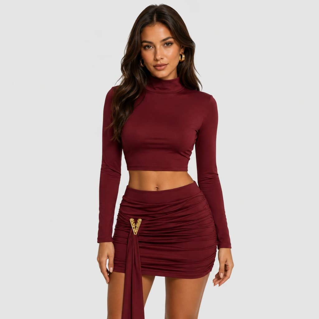 Conjunto Feminino Mia Curto em Suplex Cropped Manga Longa e Saia Plissada com Amarração Lateral Moda Gringa Festa