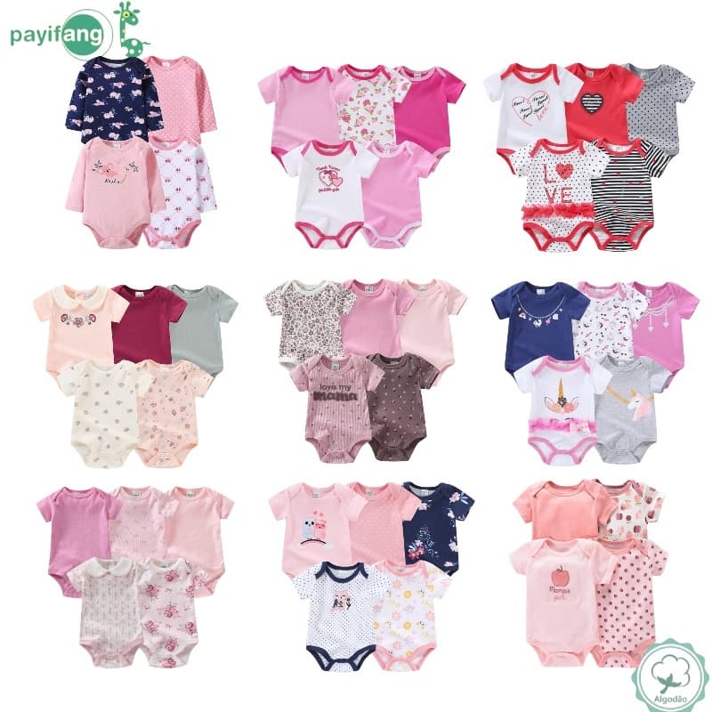 Pjamas De Bebê Kit 5 Bodys Estampado Roupa Bebê Manga Curta Menino e Menina