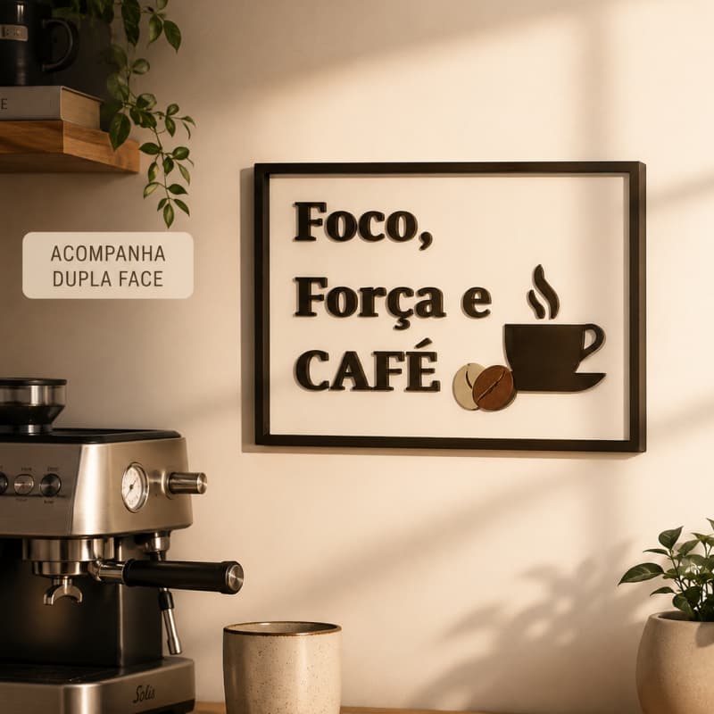 Quadro Decorativo “Foco, Força e Café” Para Cantinho do Café Cozinha Escritório