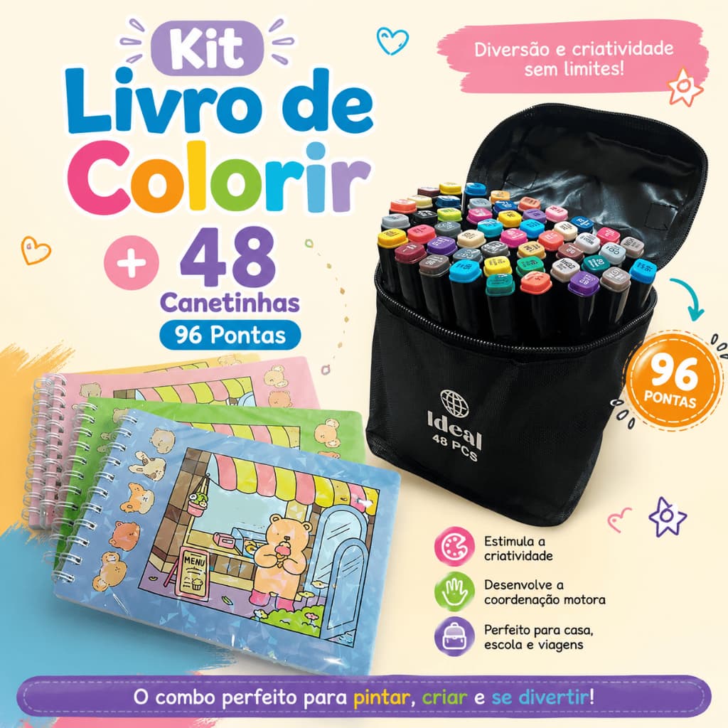Kit Livro de Colorir com 50 folhas + 48 Canetas Marcadoras Ponta Dupla com Estojo Alta Qualidade