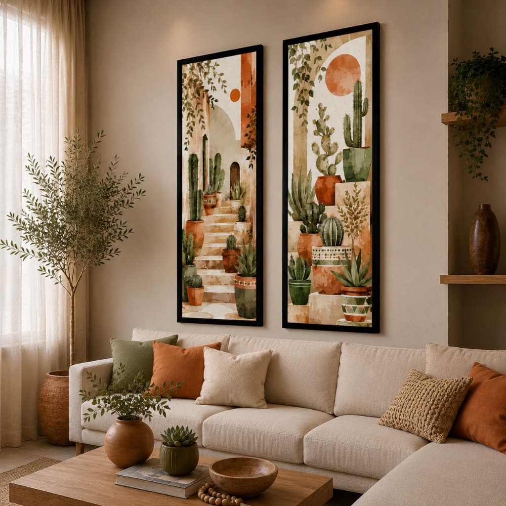 Quadro Decorativo Cactos e Vasinhos Coloridos 2 Peças Arte Botânica Boho Premium
