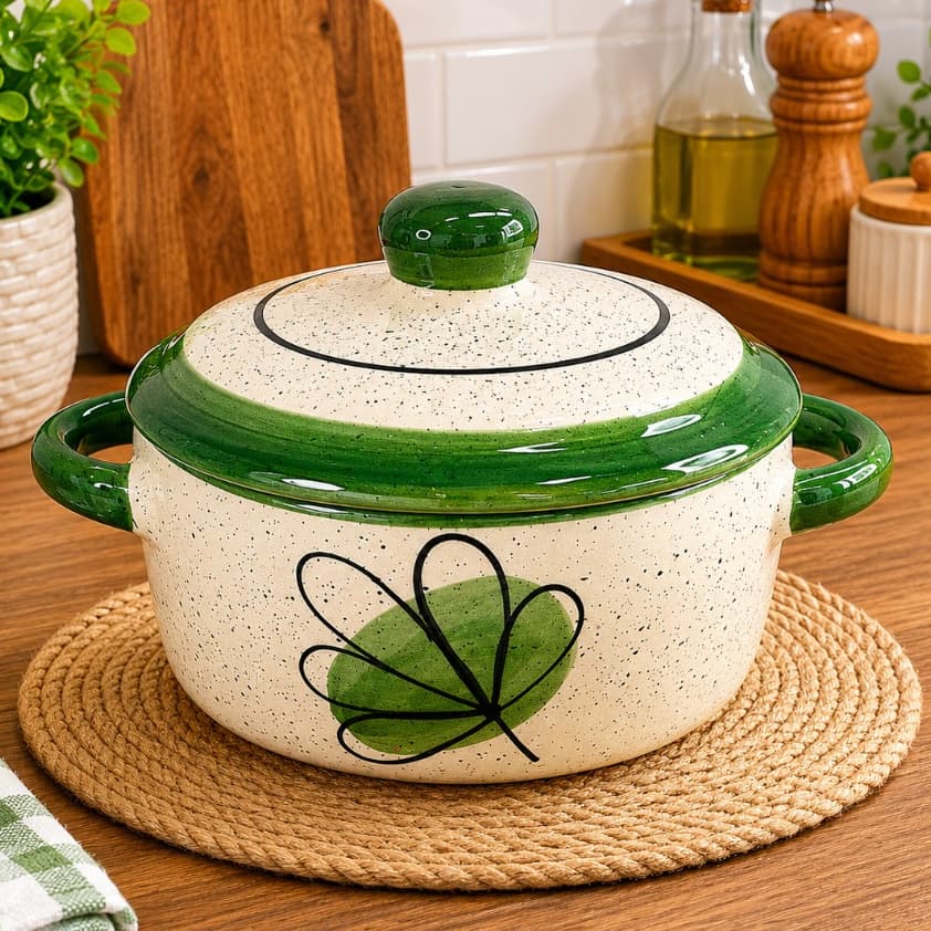 Mini Caçarola Panelinha Com Tampa Decorado Verde Em Cerâmica