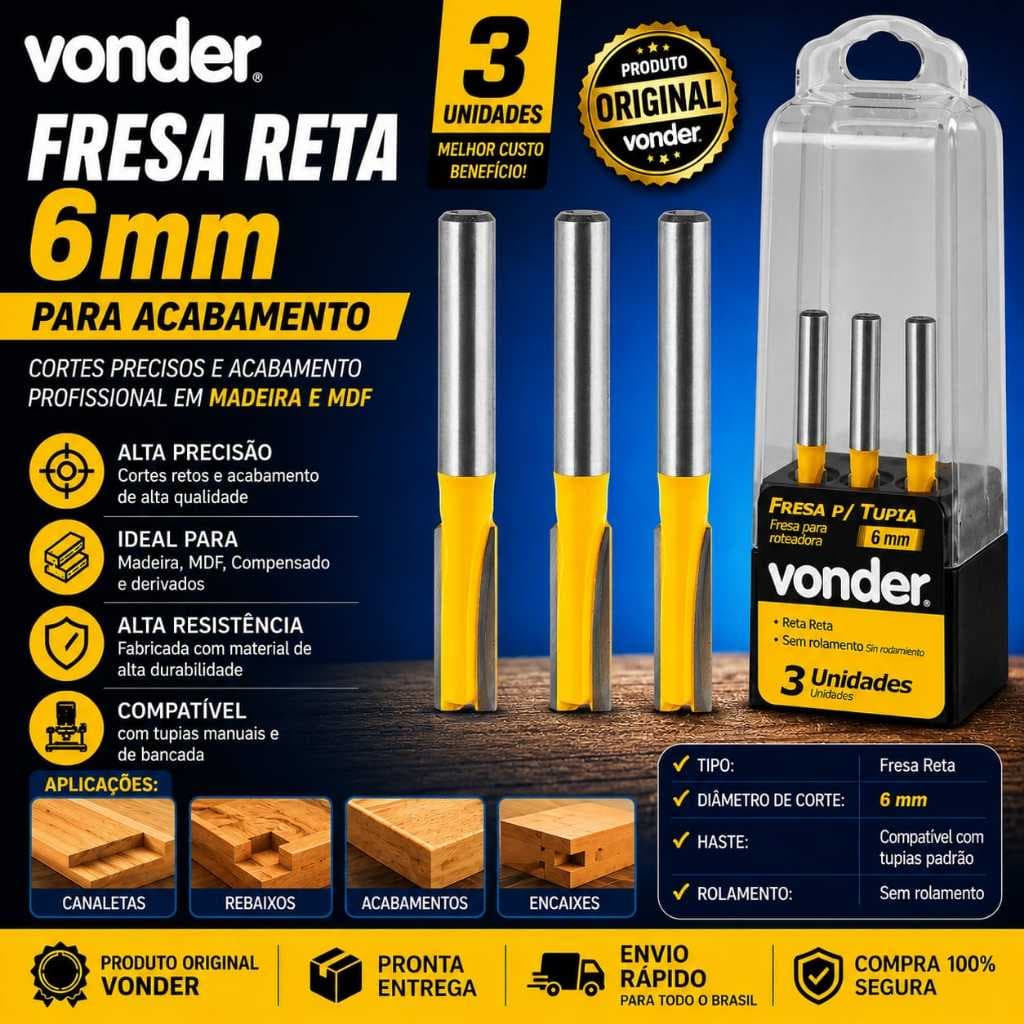 Kit 3 Fresa Reta Haste 6 mm Dupla para Madeira Tupia Vonder
