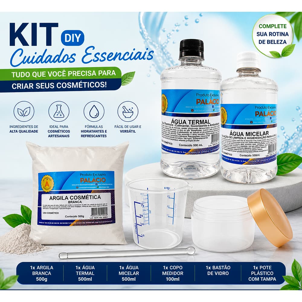 Água Termal + Água Micelar, Argila branca, copo medidor 100ml, bastão de vidro, Pote
