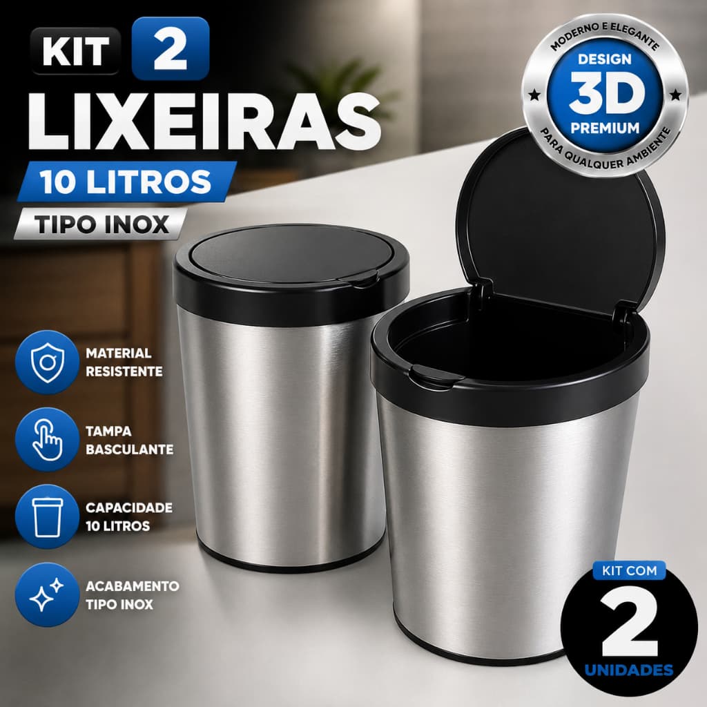 Conjunto 2 Lixeiras Cor Tipo Inox 10 Litros Tampa Click Labe com Trava Banheiro Cozinha Escritório