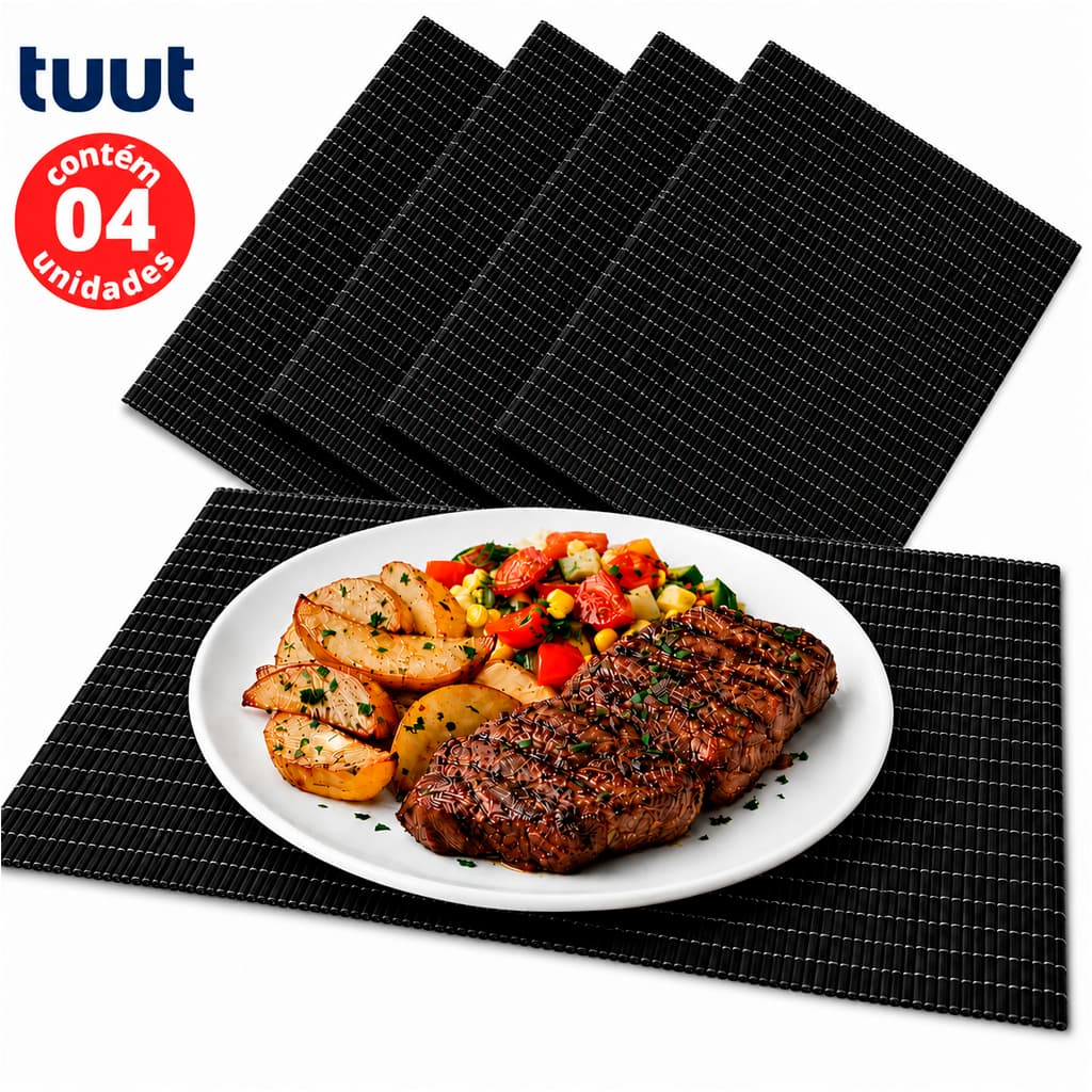 Kit 4 Lugar Americano Bambu Preto Cru 45x30cm - Tuut Linha Esteira Bambu Mesa Posta Luxo