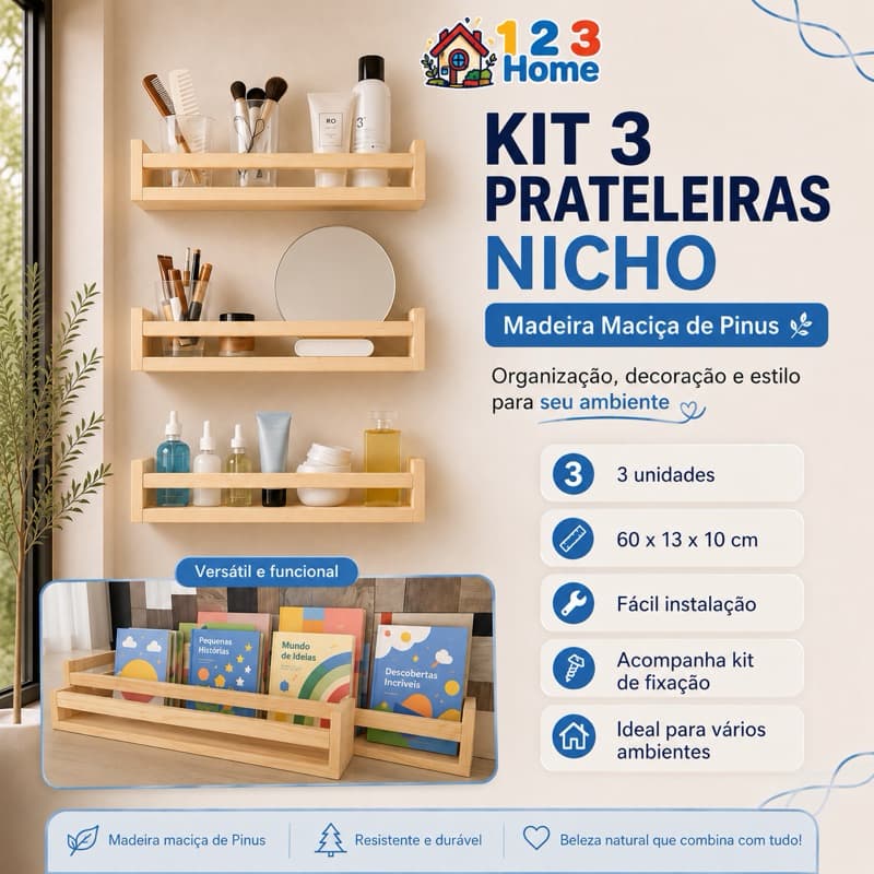 Kit 3 Prateleiras Decorativas de Parede | Nichos Organizadores para Livros, Temperos e Decoração