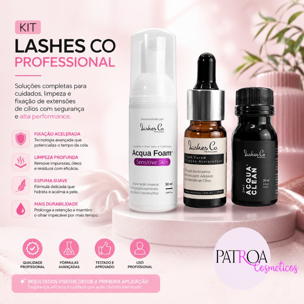 Flash Cure + Acqua Clean + Acqua Foam Kit Lashes Co
