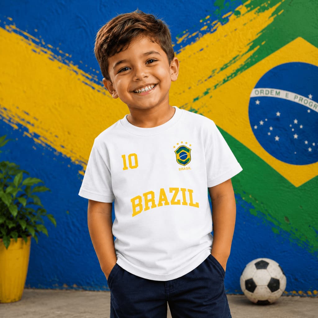 Camiseta Infantil Brasil Unissex Azul Bic 100% Algodão Premium Estampa Copa Seleção Confortável Moda Verão