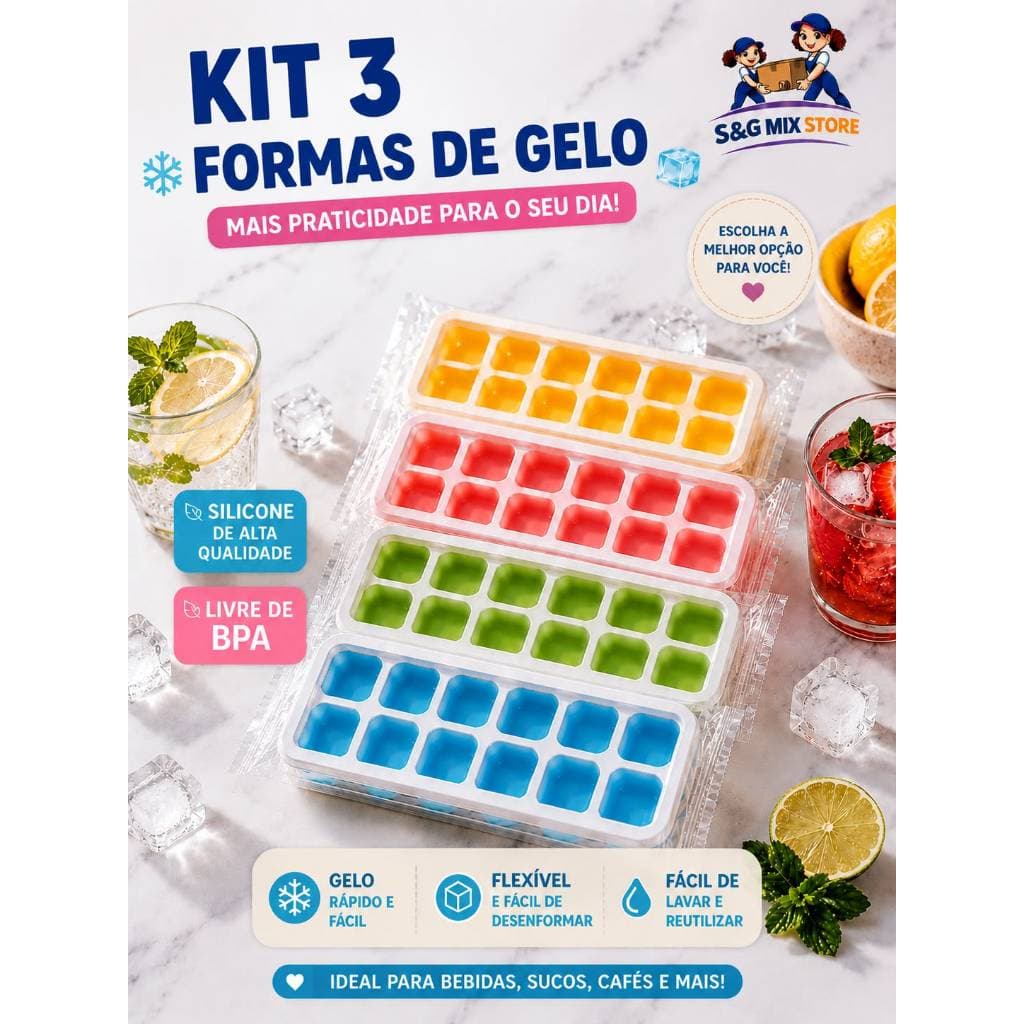 Kit 3 Formas de Gelo Silicone Com Tampa Rígida/ Flexível Fundo Retangular 14 Cubos Multiuso sortido!