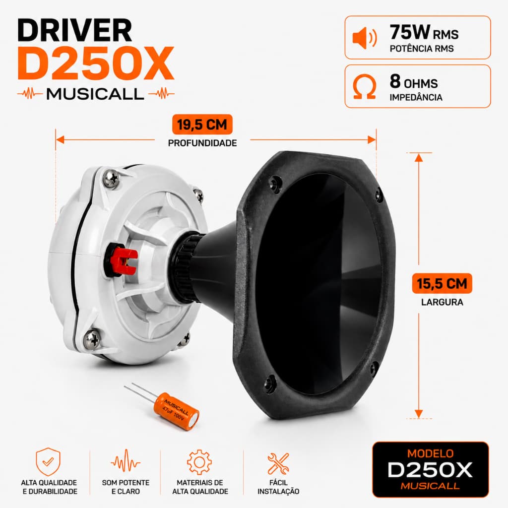 Driver D250x Corneta D250x Musicall 200w + Corneta Curta + Capacitor Som Automotivo Som Profissional Som Residencial