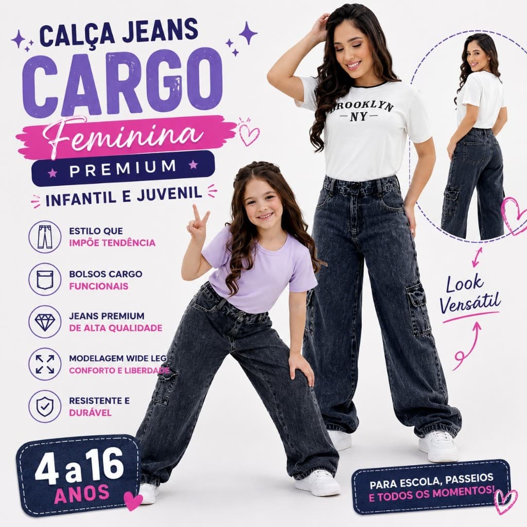 Calça Jeans Cargo Feminina Premium Infantil e Juvenil Calça Jeans Grafite Com Bolsos Para Meninas