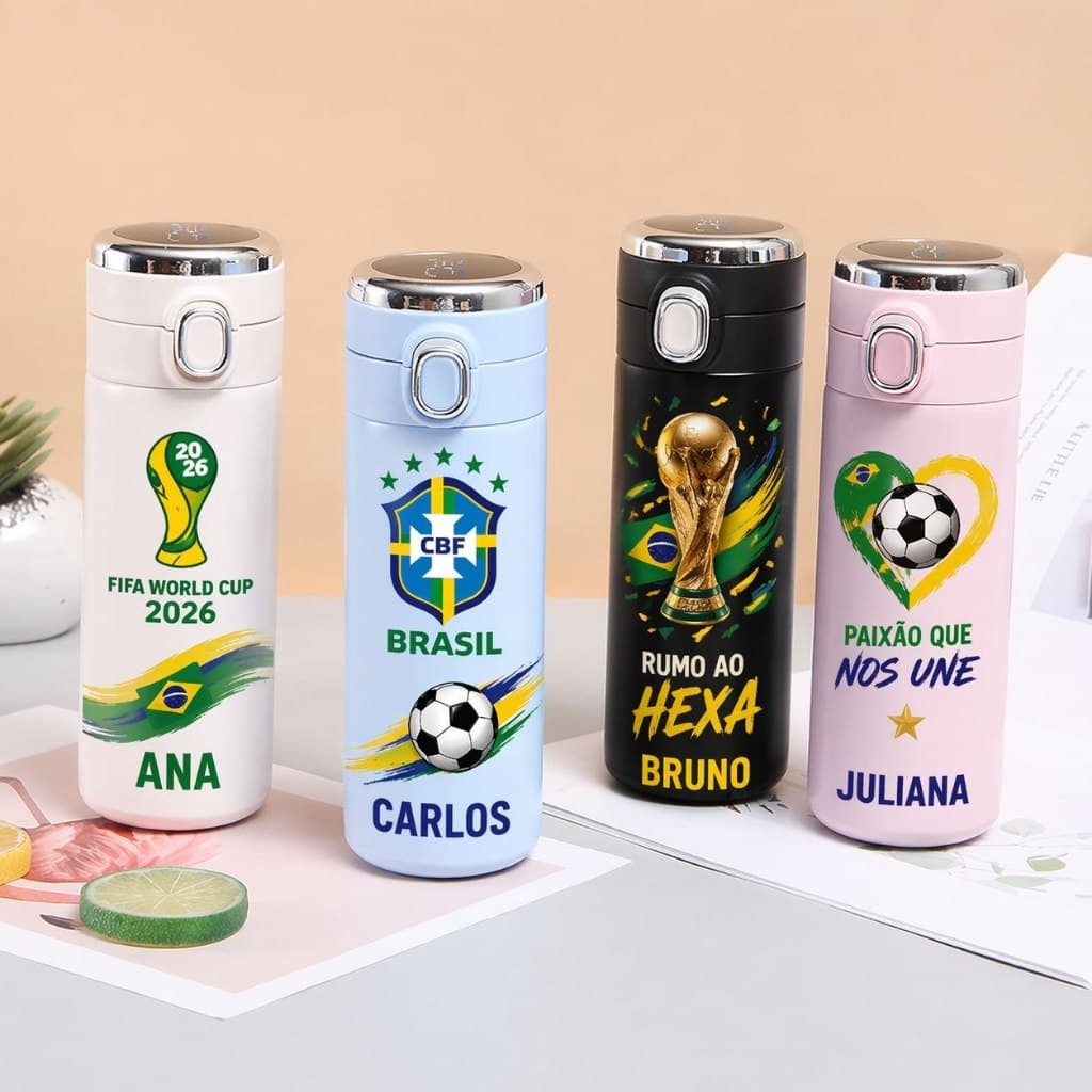 Garrafa Térmica Personalizada Copa Do Mundo 2026 Com Nome Inox 500ml Display Temperatura LED