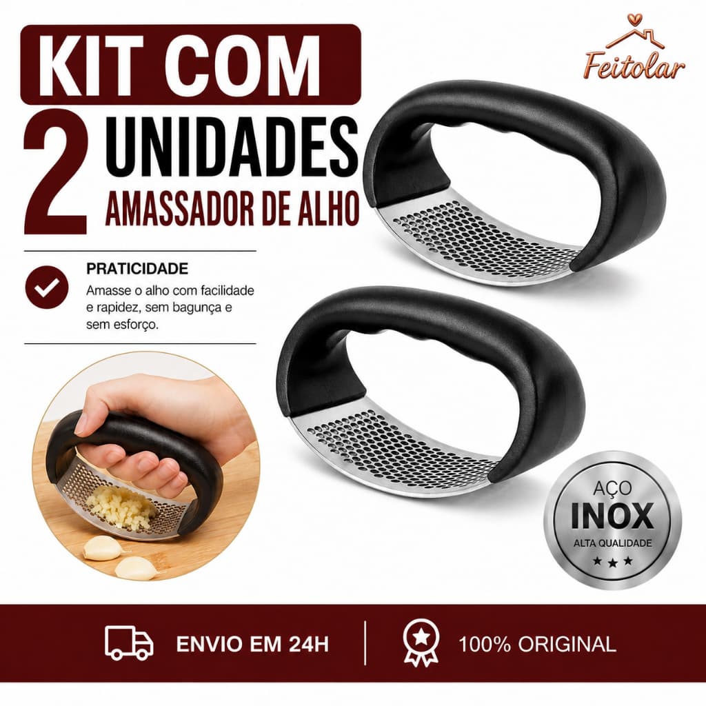 Kit 2 Unidades Amassador de Alho Espreme Alimentos Prático Aço Inox