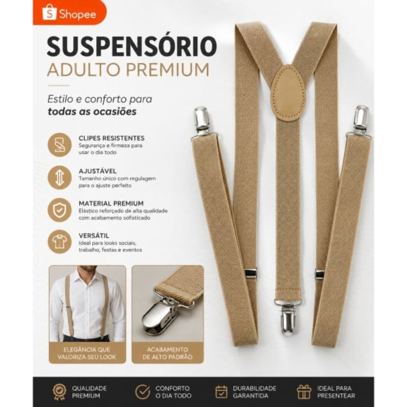 Suspensório Bege Adulto Premium Masculino Casamento Padrinho sem borboleta