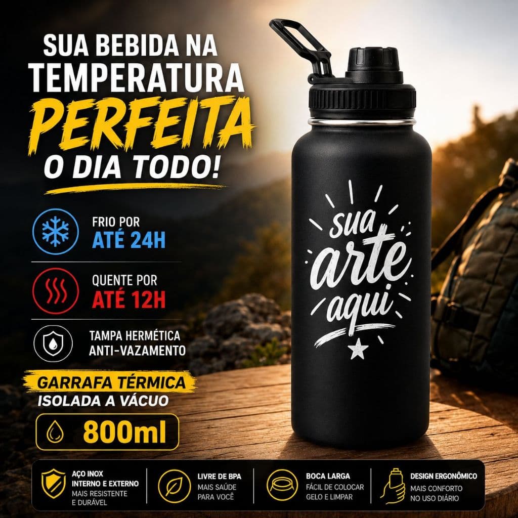 Garrafa Térmica Água Personalizada Logo Marca Laser 500ml LED Termômetro Inox Bebidas Quentes Frias