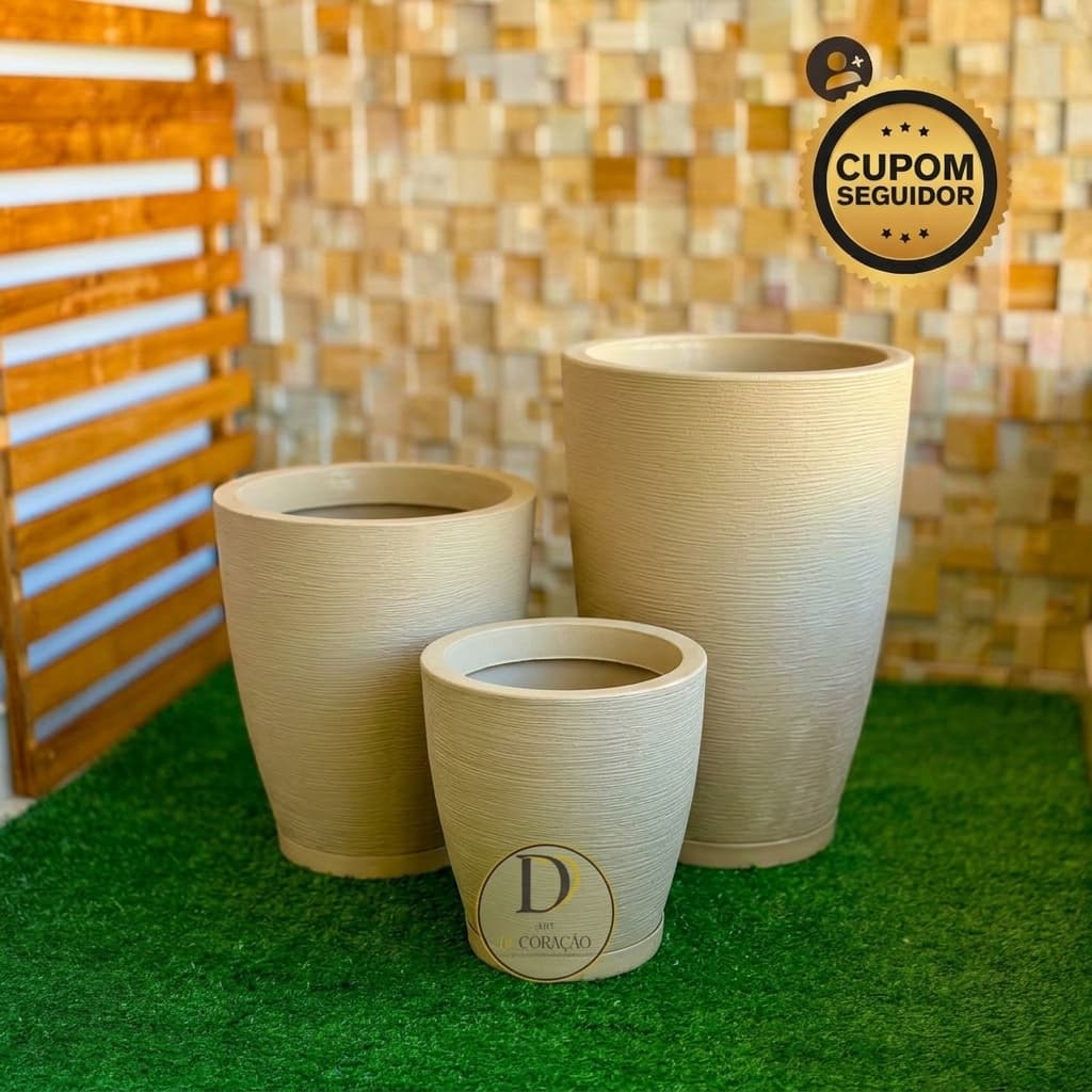 Kit 3 Vasos para Plantas Decorativo Grafiato Coluna Barcelona G+M+P Escovado com Prato