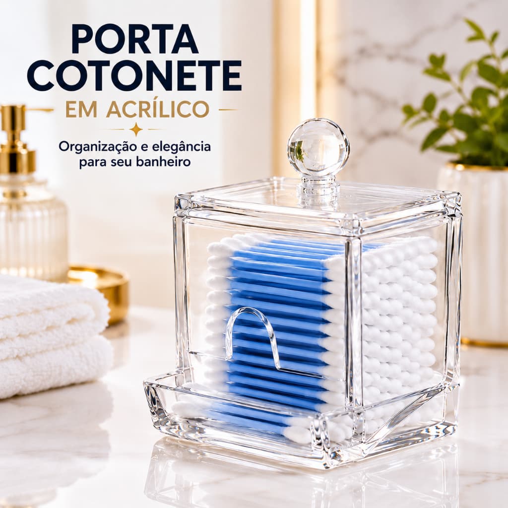 Porta Cotonete Acrílico Transparente Tampa Organizador banheiro haste algodão maquiagem