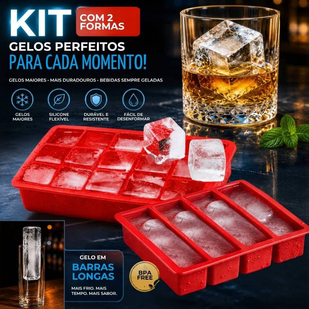 Forma de Gelo Silicone Flexível Antiaderente Cubos Grandes e Barras de Gelo para Bebidas e Drinks