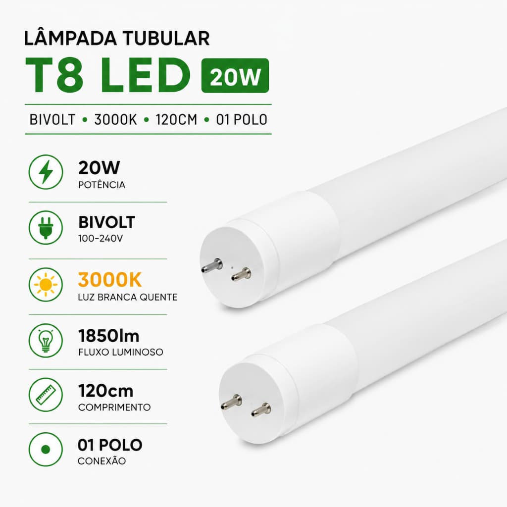 Kit 2 Lâmpada Tubular T8 LED 20W bivolt 3000K - 1850lm - 120cm - 01 Polo