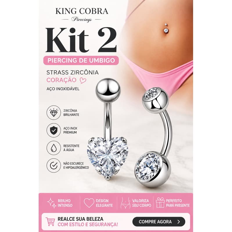 Kit 2 Piercing de umbigo com strass pedra zircônia coração aço inoxidável