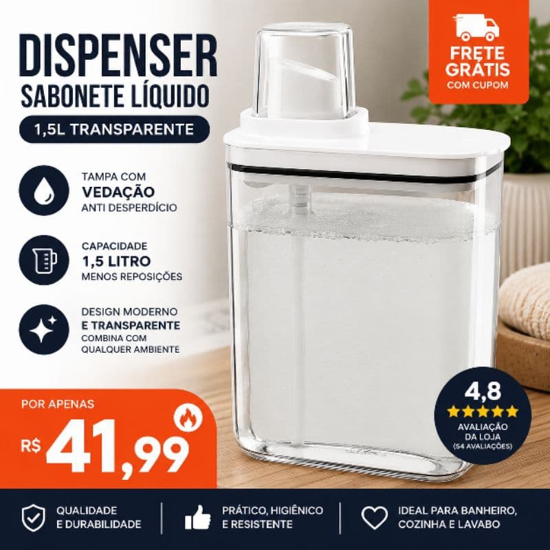 #Dispenser Sabonete Liquido 1.5L #Transparente #Silicone #Tampa #Vedacao #AntiDesperdicio #superluxo