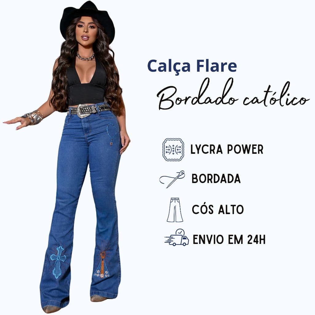 Calça Country Jeans Feminina Bordada Empina Bumbum Cintura Alta Boiadeira