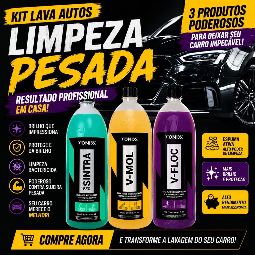 Kit lavagem automotiva shampoo Vfloc lava autos Vmol multilimpador flotador sintra pro 1,5l vonixx
