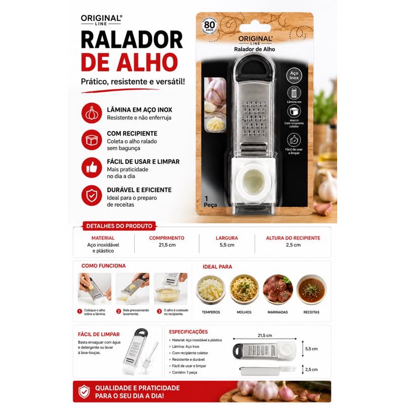 Ralador de Alho Original Line Aço Inox Resistente Manual Multiuso Fácil de Usar e Limpar