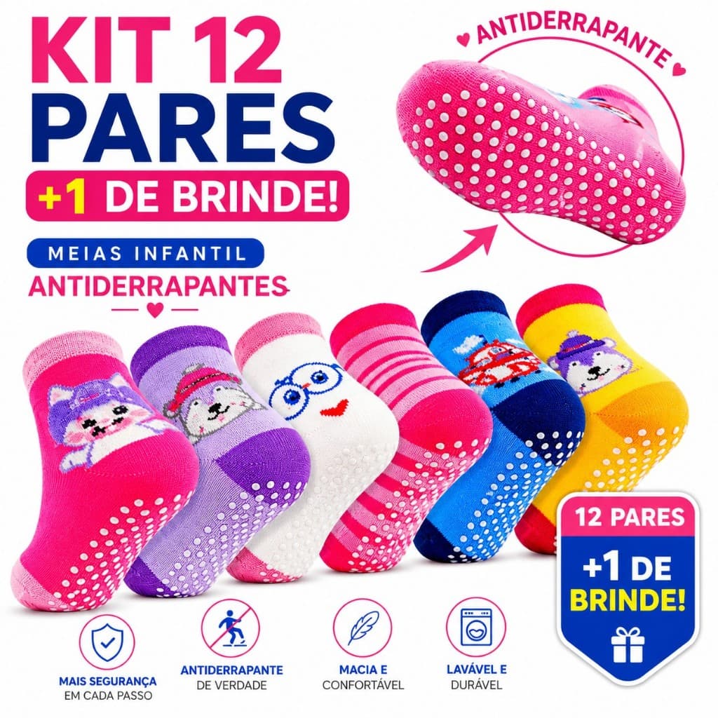 Meia Infantil Antiderrapante Kit 12 Pares  Menino Menina 1 a 8 Anos