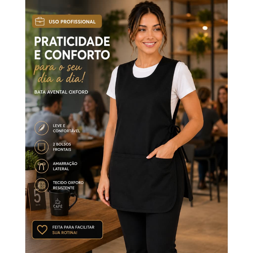 Bata Avental Jaleco Uniforme Ajuste Lateral 2 bolsos Estética Limpeza Profissional Feirante Cozinheira Frente e Costas