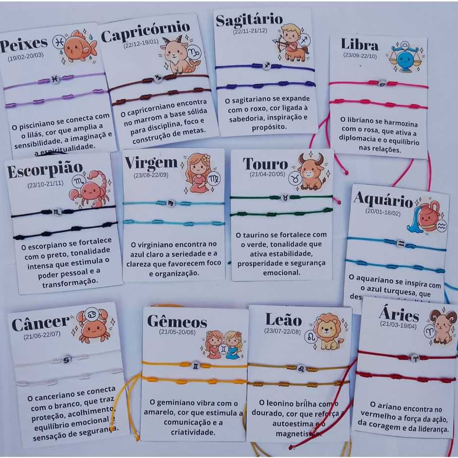 Kit 2 Pulseiras de Signo 7 Nós Miçanga Símbolo Zodíaco - Astrologia Proteção Macramê