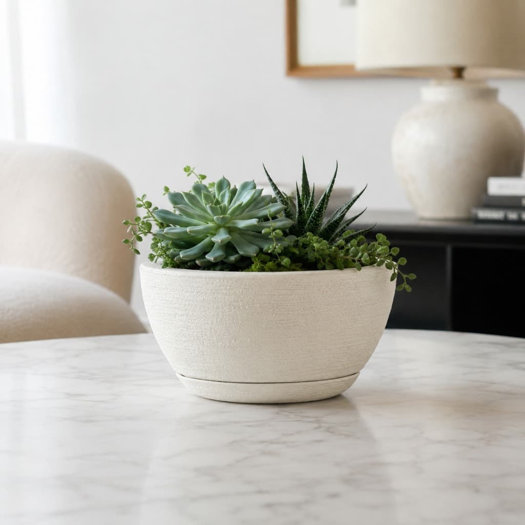 Vaso de Planta Decorativo Bacia Escovada 13x25 com Prato em Polietileno Suculentas e Cactos
