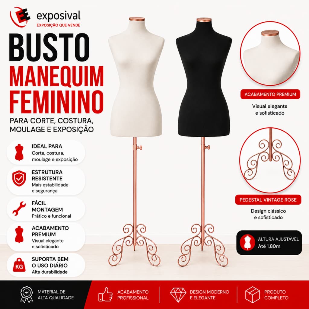 Busto Manequim Feminino Para Corte Costura Moulage Base Pedestal Vintage Rose
