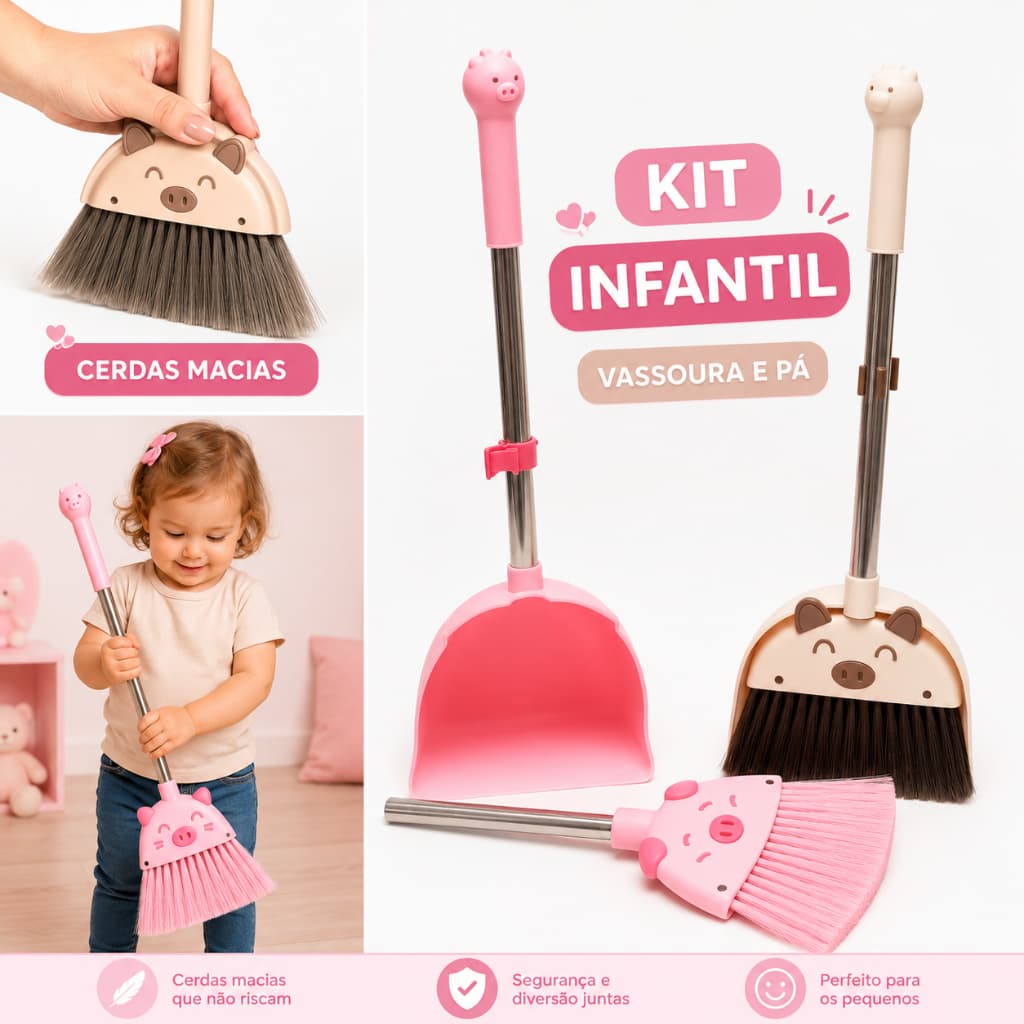Kit Infantil Vassoura e Pá com Suporte Porquinho Brinquedo Educativo Limpeza Infantil Colorido