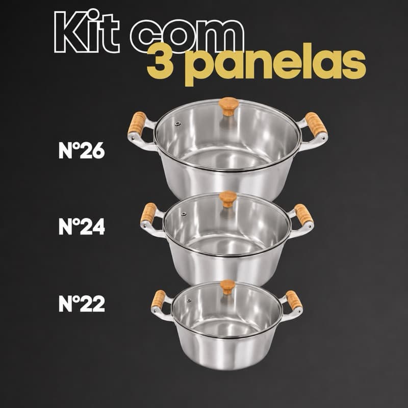 Jogo de panelas grande 3 peças 22/26 com tampa de vidro em alumínio grosso ideal para o dia a dia