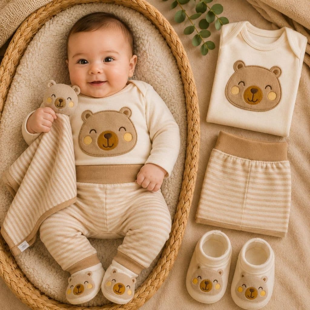Presente Bebê Recém Nascido 4 Peças Body Manga Longa Calça Mijão Meia Pantufa e Naninha Enxoval