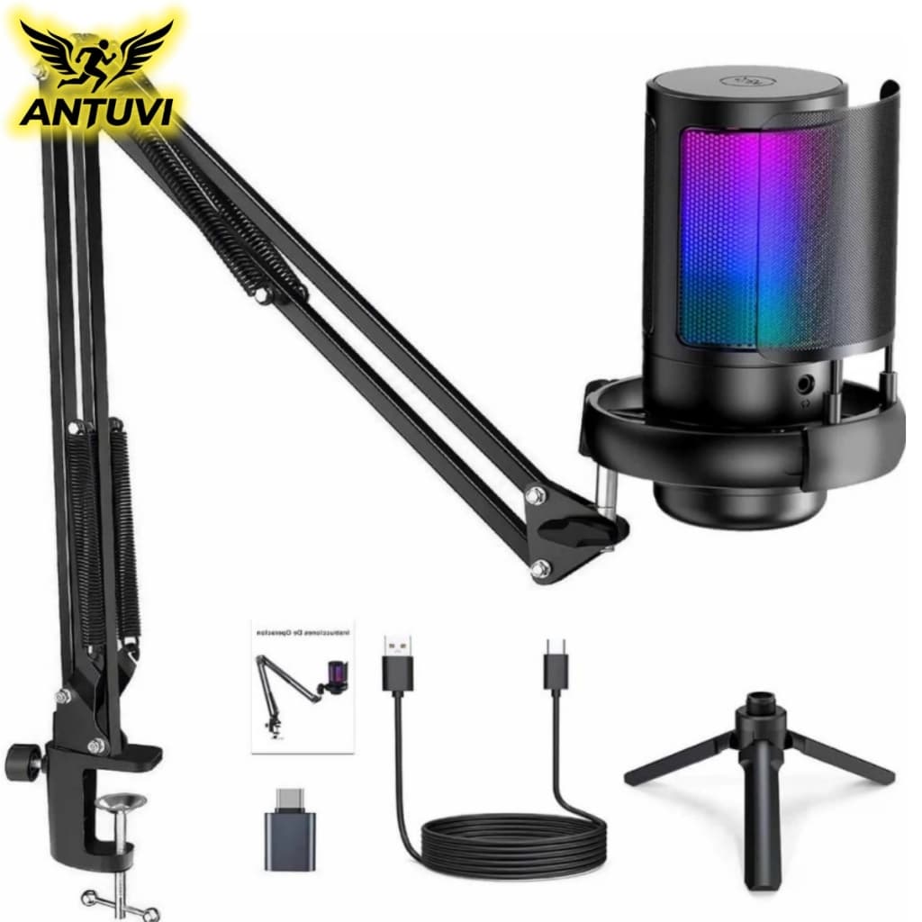 Microfone Condensador Cardioide USB RGB Profissional para Games e Lives com Tripé