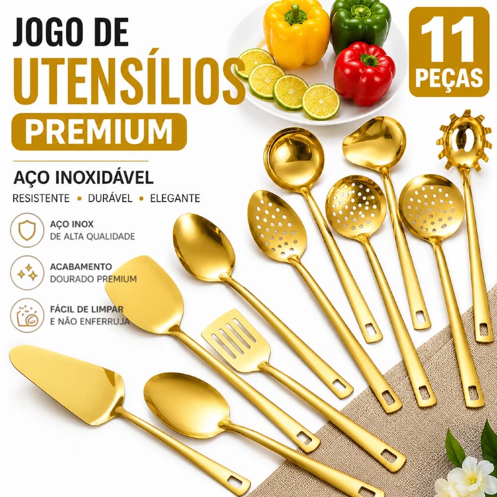 Kit Cozinha Dourado 4/11 Peças em Aço Inox Premium Utensílios Gourmet Luxo para Cozinha Moderna
